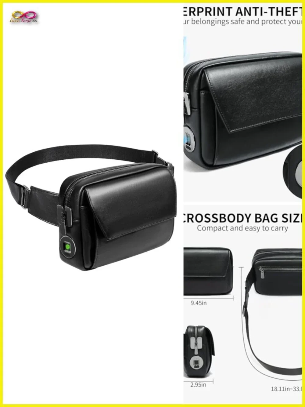 Anti-Theft Crossbody Bag with Fingerprint Lock, Leather Sling Bag for Travel